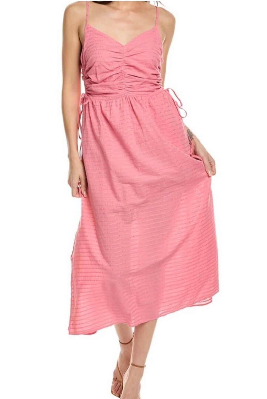 Nation LTD Pink Cotton Linen Ruched Maxi Dress Size L Side Tie Vacation Resort